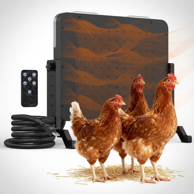 Chicken coop heating pad with chickens and remote control on a white background