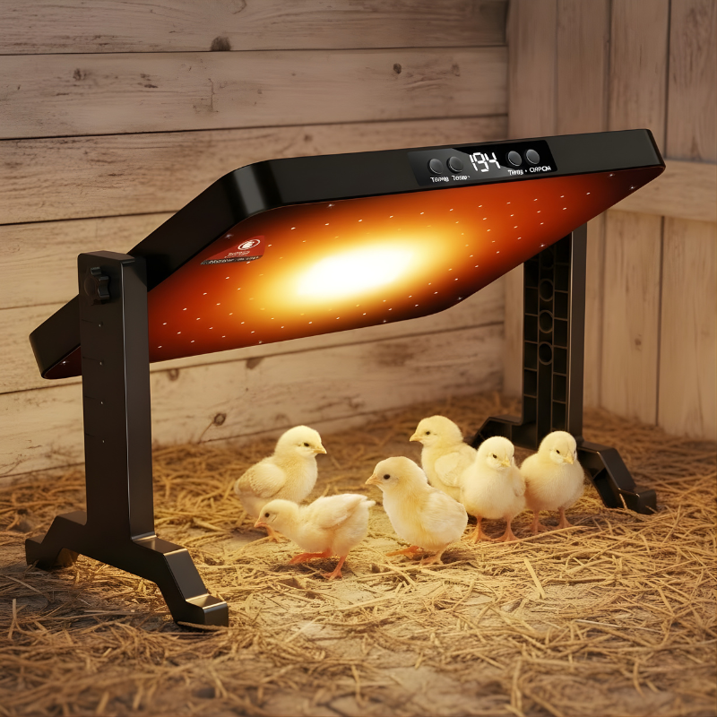 Infrared poultry heat pad with digital display on a wooden floor with chicks around.