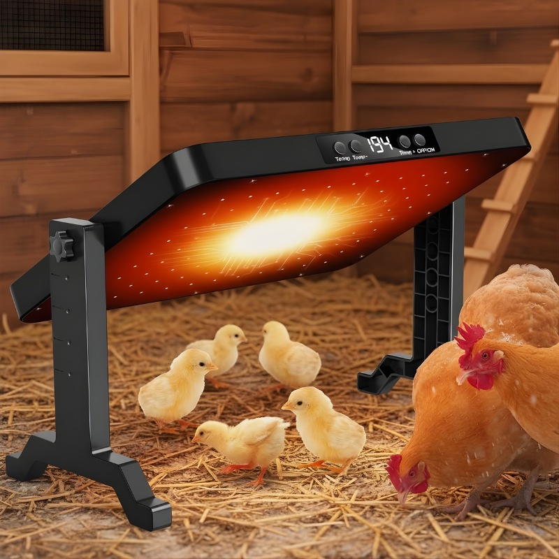 Chicken brooder with chicks and a rooster in a barn setting