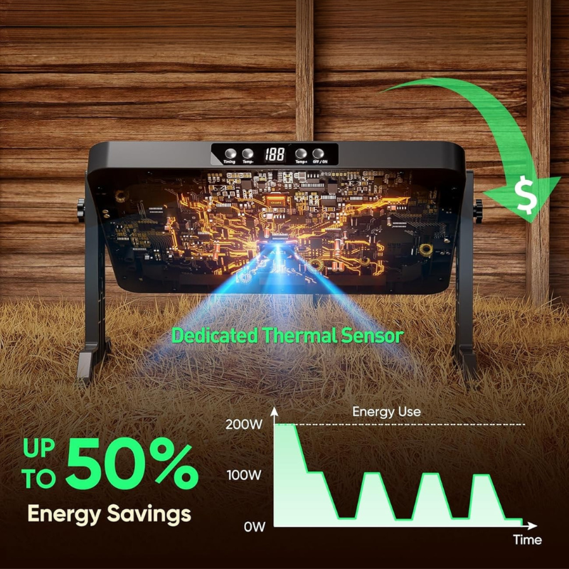 Thermal coop heating plate device with energy savings graphic on a wooden background