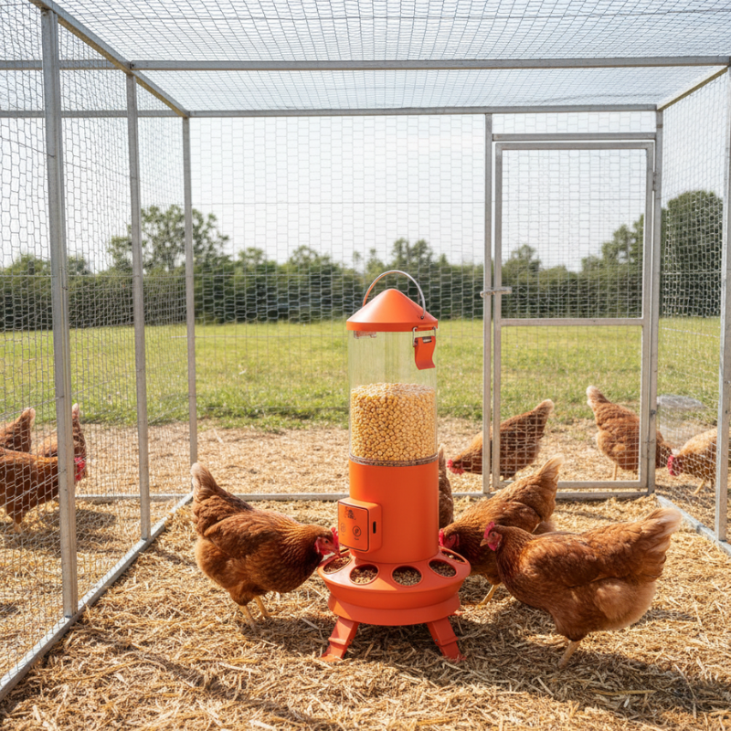 Hens in a coop with an automatic chicken feeder filled with corn.