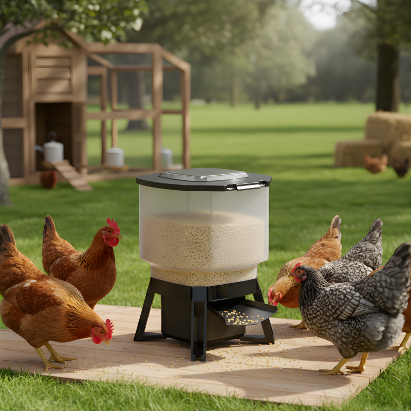 Hens gathered around a automatic poultry feeder in a grassy area with a chicken coop in the background.