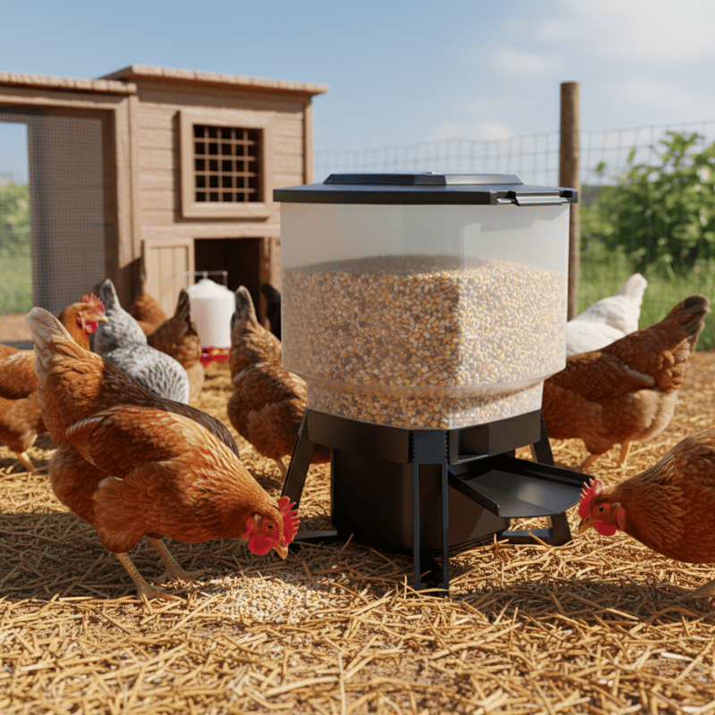 Hens around a solar powered poultry feeder with a chicken coop in the background