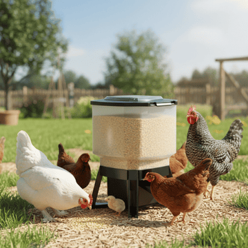 Solar-powered chicken feeder with chickens around in a garden setting