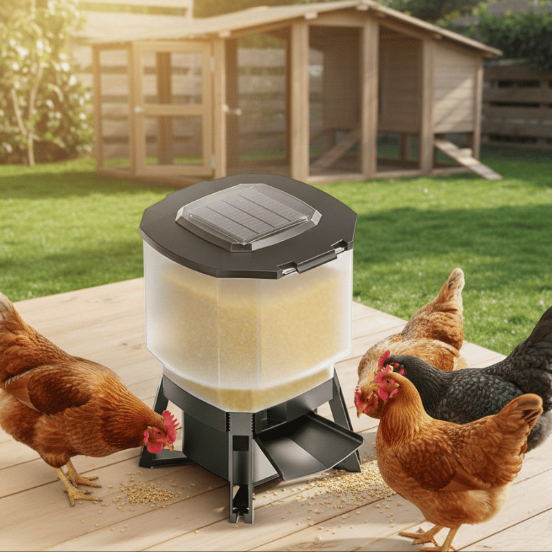 Solar-powered chicken feeder with chickens around in a garden setting
