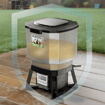 Solar powered poultry feeder on a wooden platform with grass background