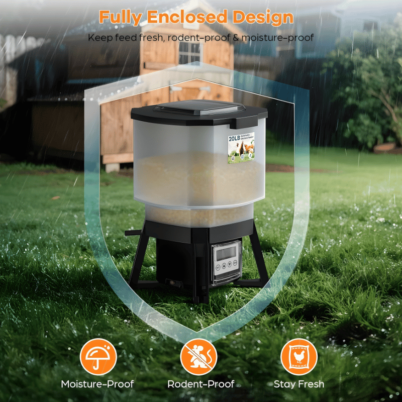 Fully enclosed automatic chicken feeder on grass with rain protection features highlighted