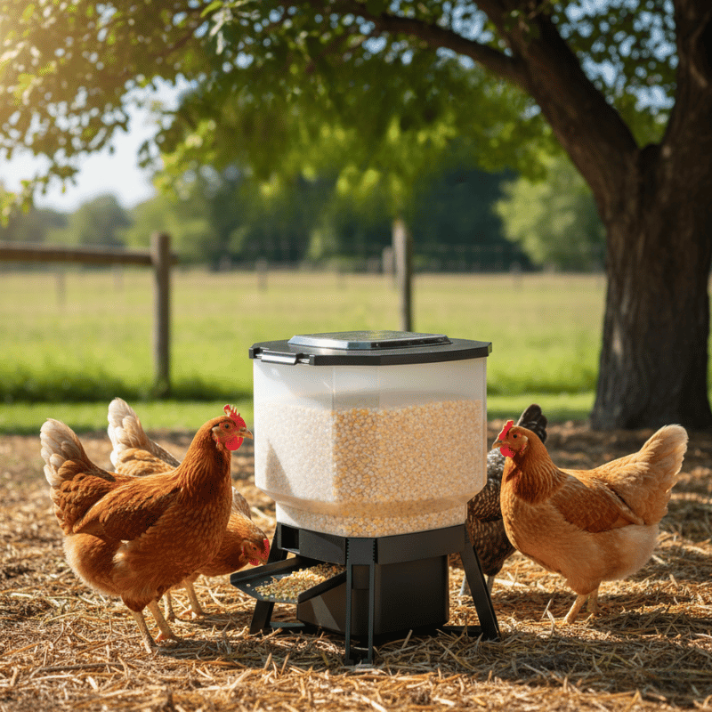 Hens around a solar powered poultry feeder in an outdoor setting with trees and grass.