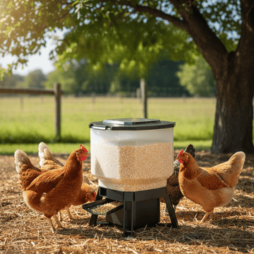 Hens around a solar powered poultry feeder in an outdoor setting with trees and grass.