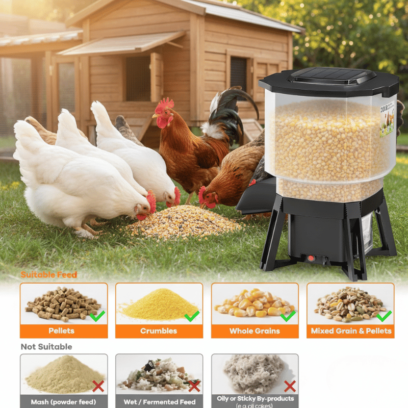 Chicken feeder with chickens around it in a backyard setting